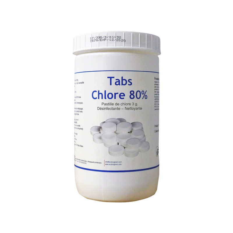 TABS CHLORE 80% 1 kg - Pastille de chlore 3 g. (333 tabs/kg) : désinfectante - nettoyante.