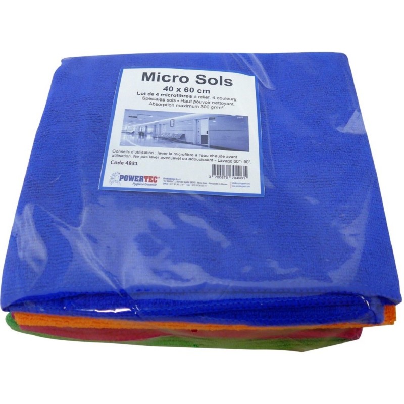 MICRO SOLS 40 X 60 CM - Lot de 4 microfibres à relief, 4 couleurs - absorption maximum (300 g/m²).