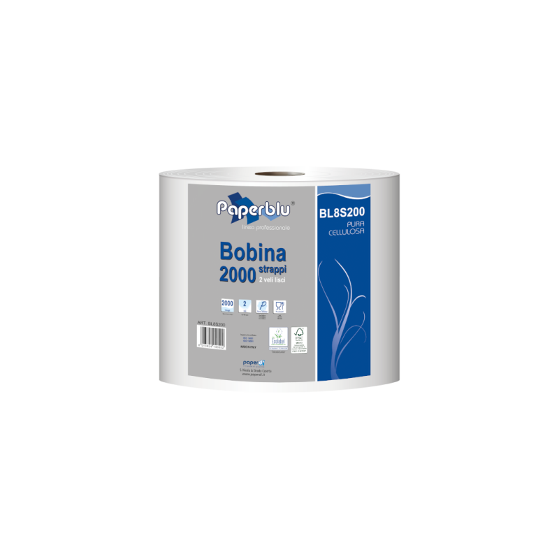 BOBINE D'ESSUYAGE LISSE - 2000 FEUILLES - ECOLABEL - Bobine papiers cellulose blanche lisse. Dévidage central et externe.Ecolab
